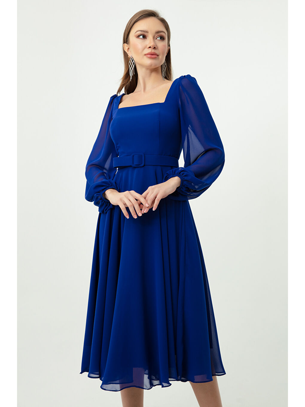 Mavi Kadın Saks Kare Yaka Kemerli Midi Şifon Abiye Elbise-1
