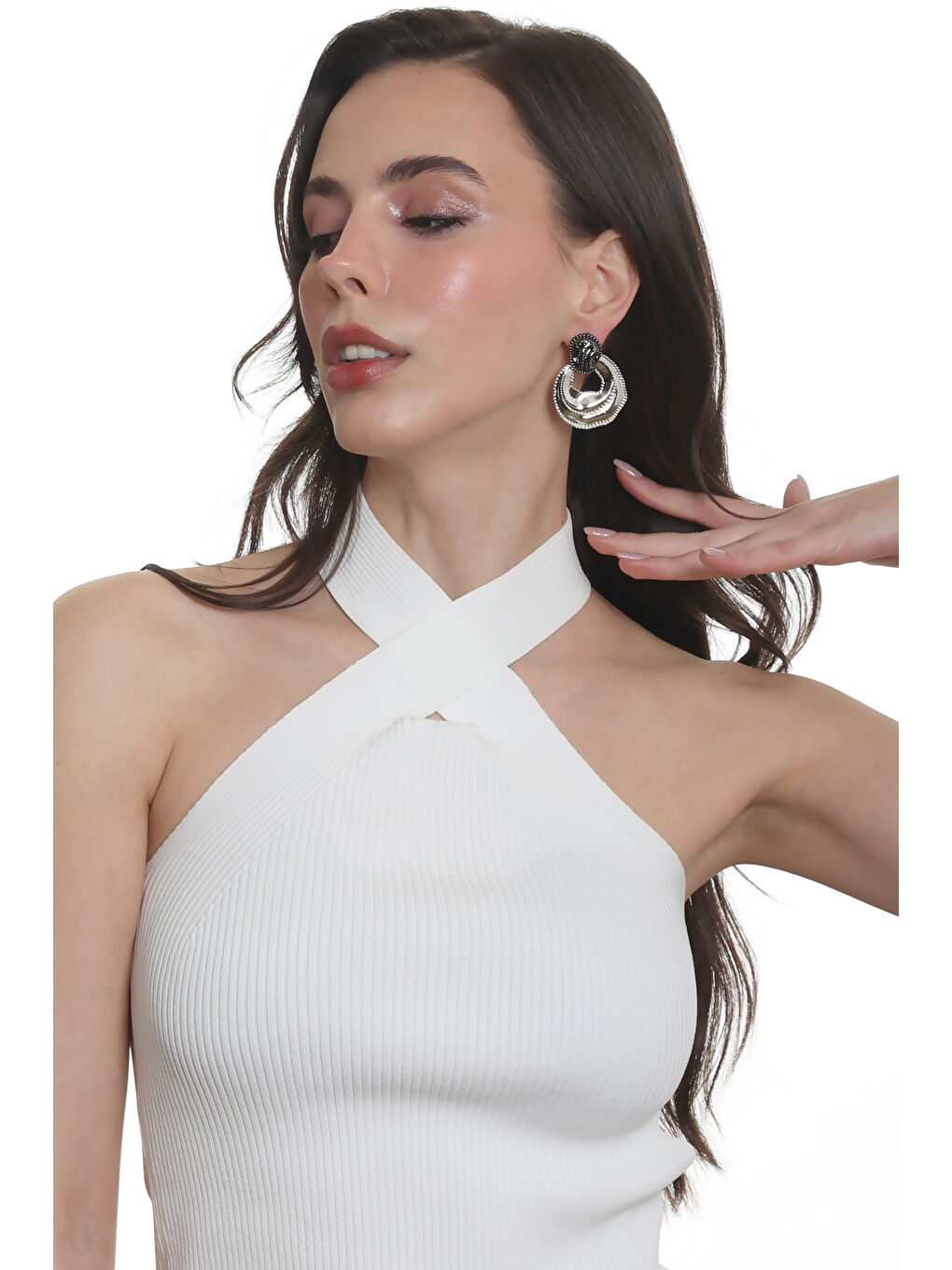 Gri Kadın Çift Renk Yaprak Dokulu Çivili Model Çanta Formlu Küpe-5