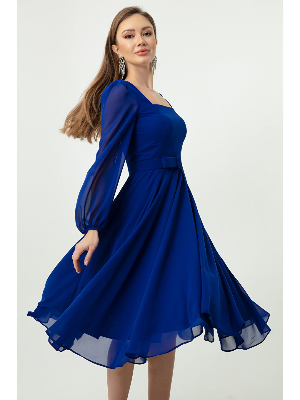 Mavi Kadın Saks Kare Yaka Kemerli Midi Şifon Abiye Elbise-2