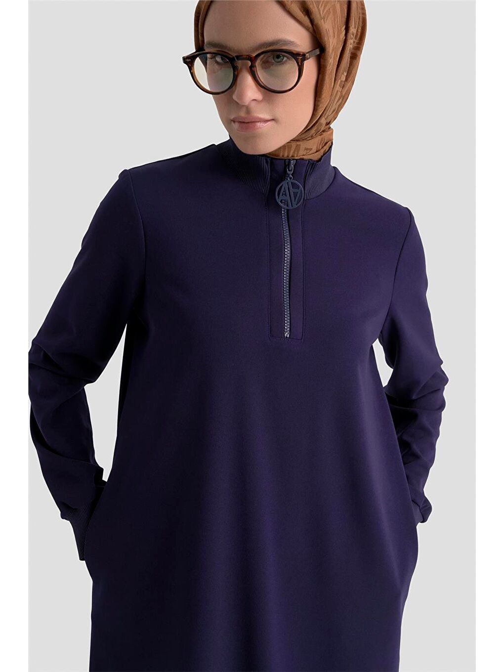 Fermuar Detaylı Basic Tunik Lacivert-1
