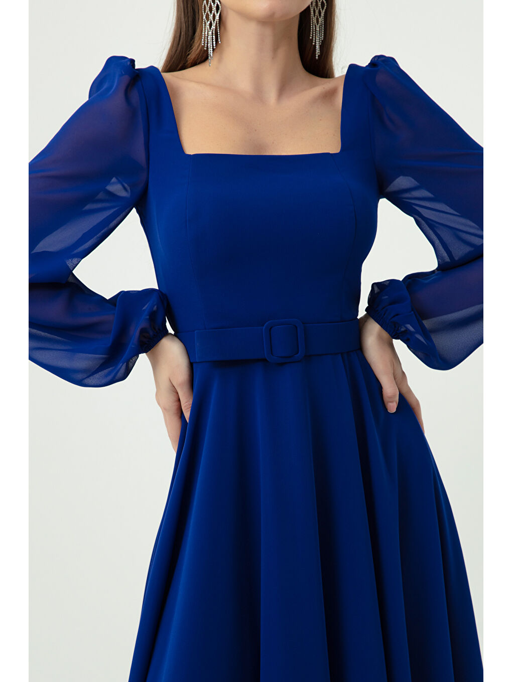 Mavi Kadın Saks Kare Yaka Kemerli Midi Şifon Abiye Elbise-3