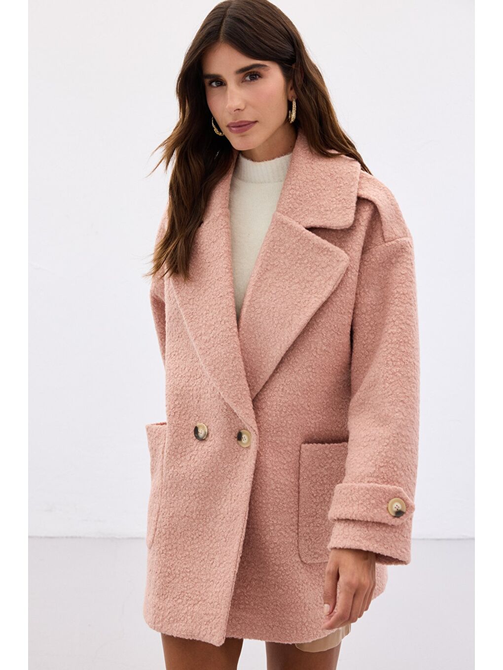 Pembe Buklet Kısa Kaban - Pudra-3