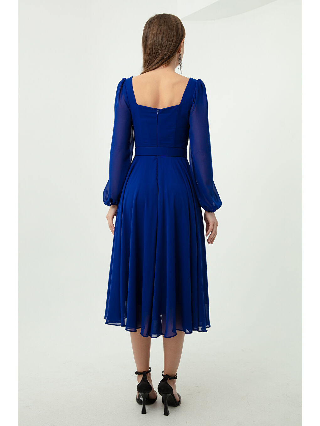 Mavi Kadın Saks Kare Yaka Kemerli Midi Şifon Abiye Elbise-4
