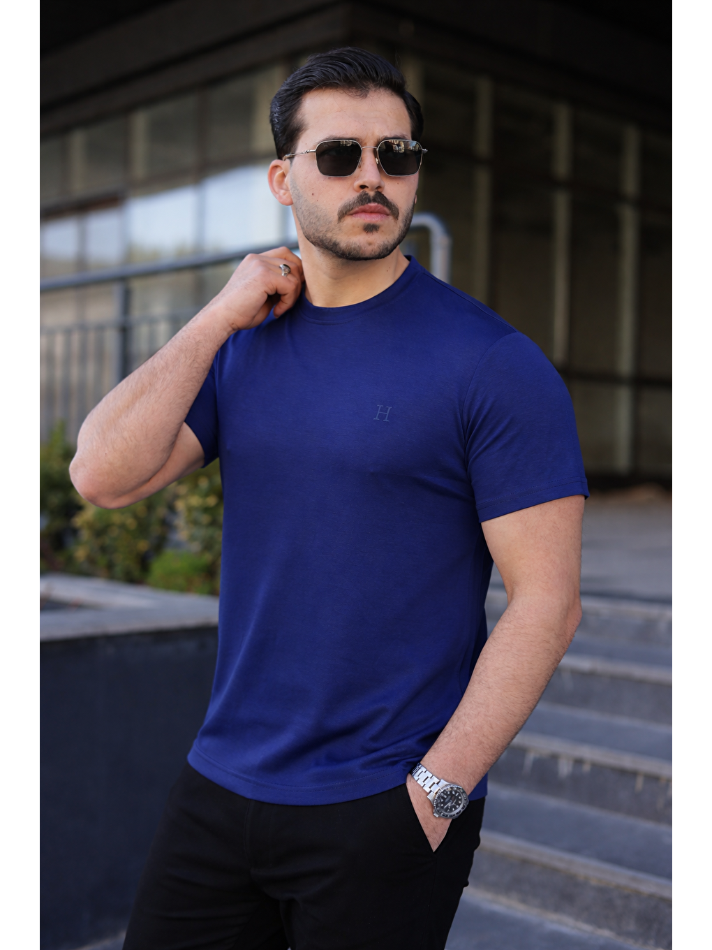Lacivert 3 Adet Erkek Yazlık Baskılı Slim Fit Kısa Kollu Tişört-5