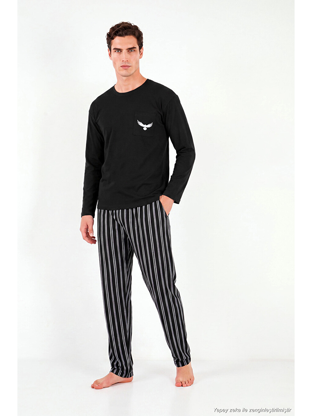 Siyah Çizgili Pamuklu Göğüs Cepli Pijama Takımı 6575008-5