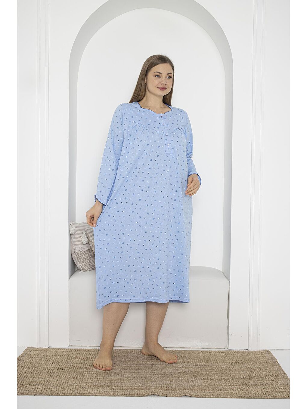 Mavi Uzun Kol Düğmeli Yaka %100 Pamuklu Penye Büyük Beden Anne Geceliği 933-1
