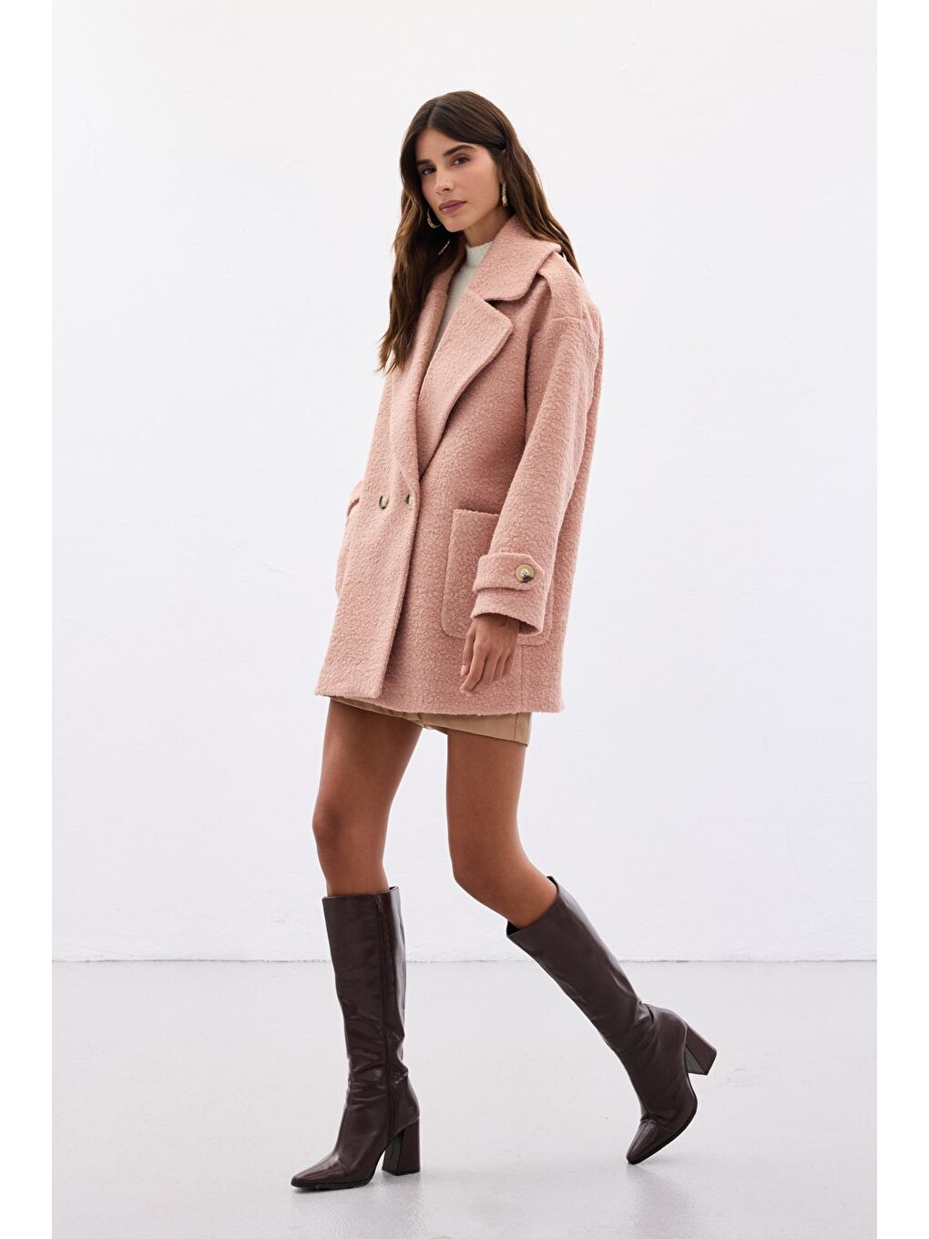 Pembe Buklet Kısa Kaban - Pudra-4