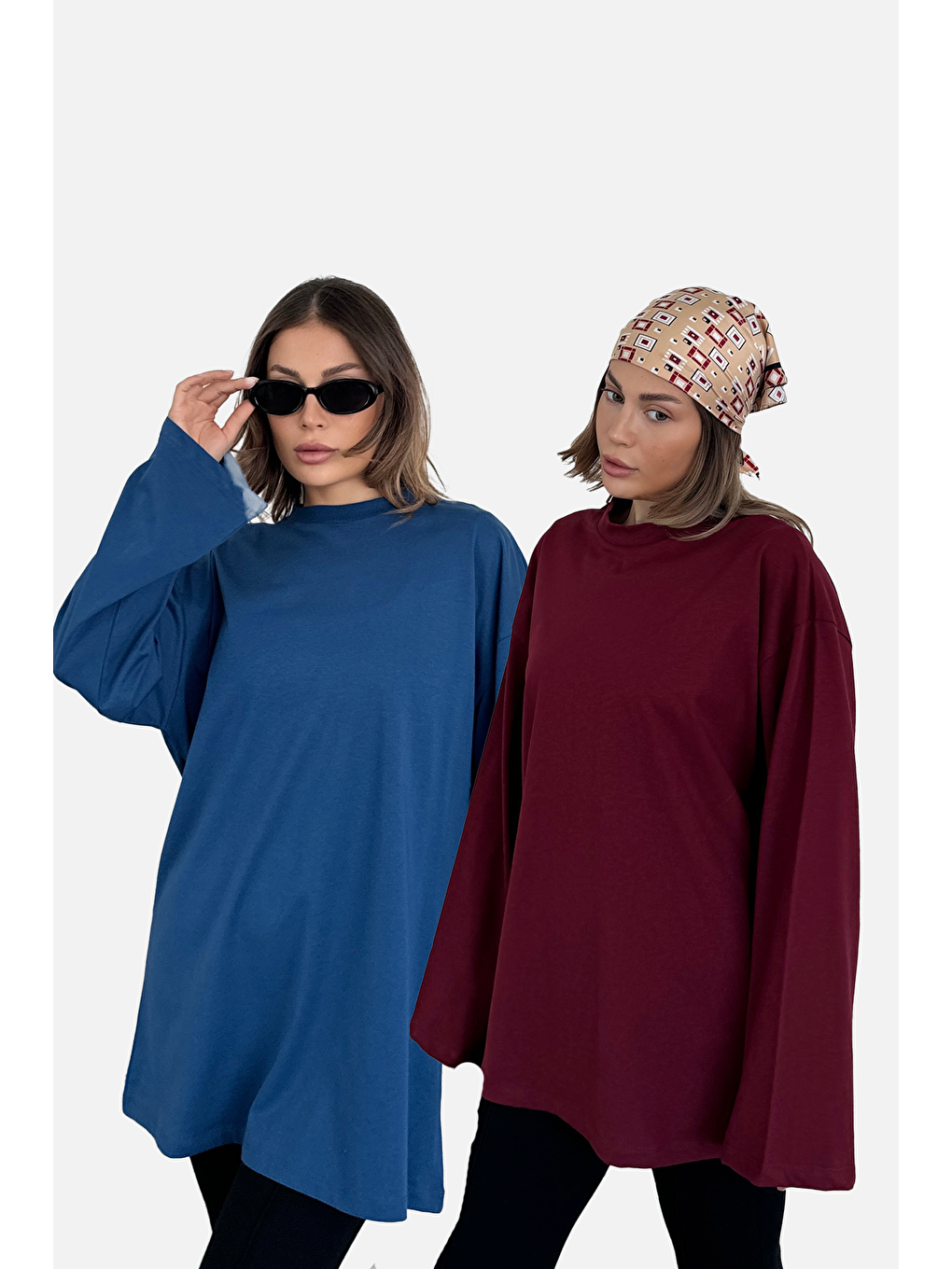 Geniş Kol Oversize 2'Li Paket T-Shirt 964 İndigo/Bordo