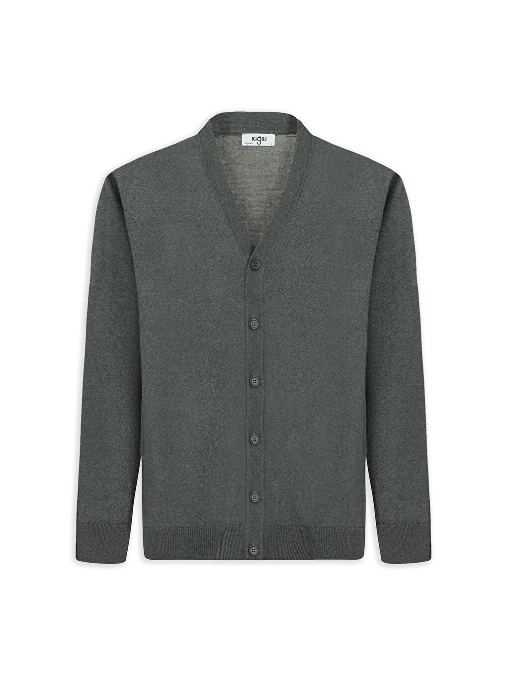 Antrasit V Yaka Düğmeli Yünlü Örme Triko Hırka