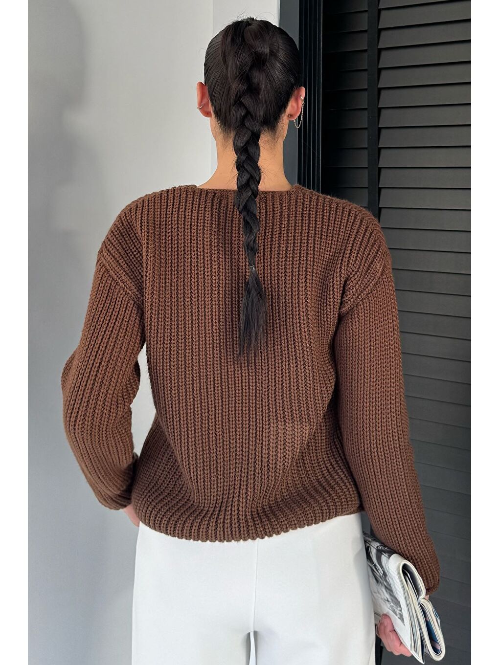 Kahverengi Kadın Çift Cepli Triko Ceket-1