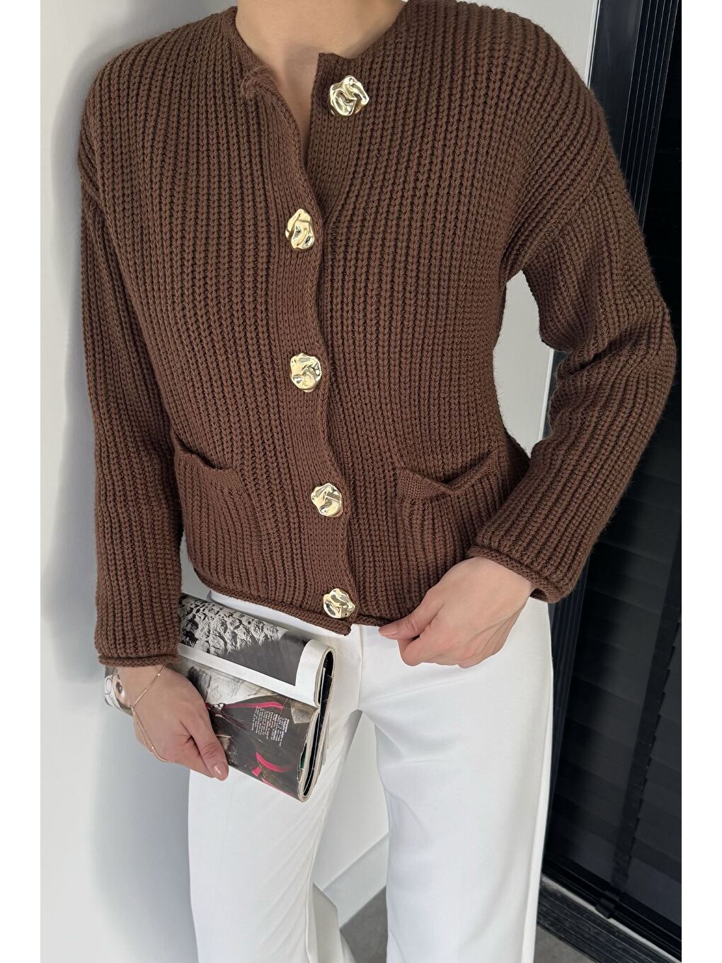 Kahverengi Kadın Çift Cepli Triko Ceket-2