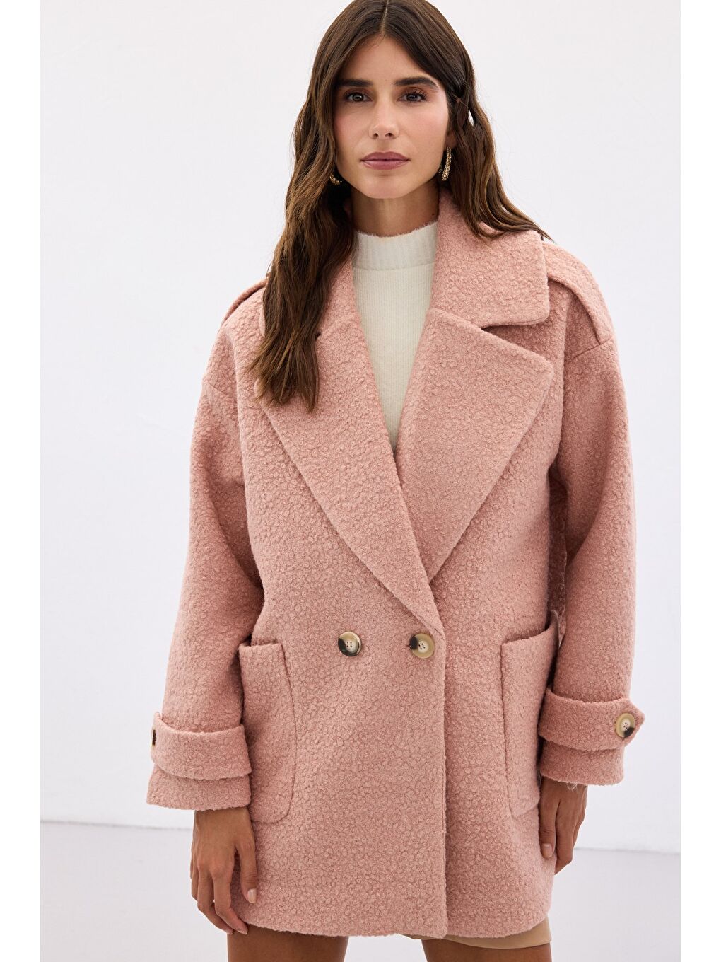 Pembe Buklet Kısa Kaban - Pudra-5