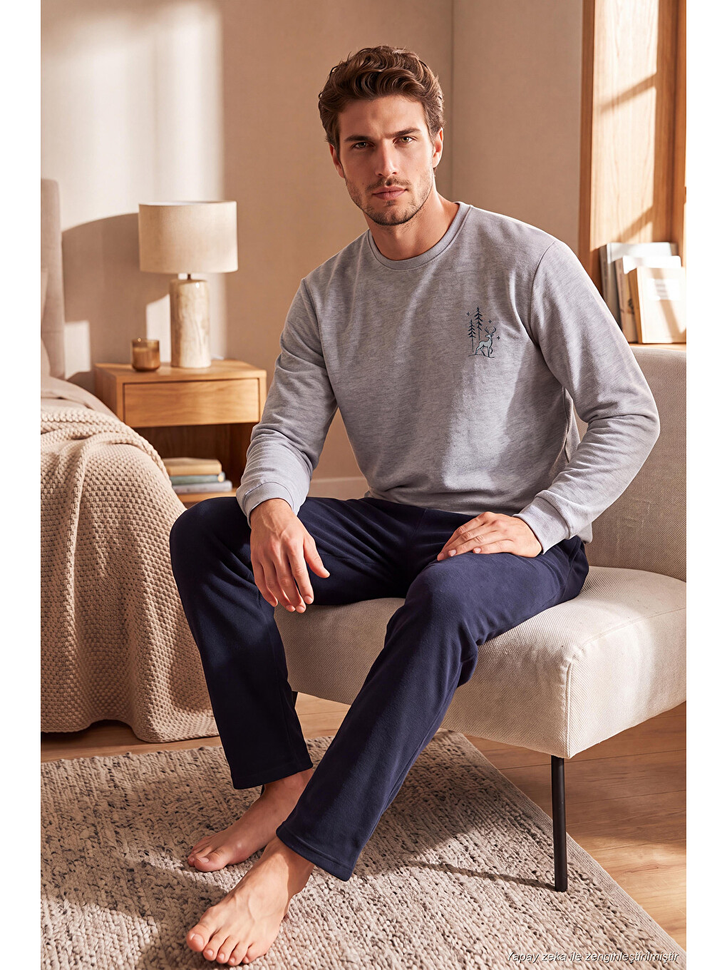 Gri Ultra Soft Minimal Nakışlı Uzun Kollu Pijama Takımı 6575009