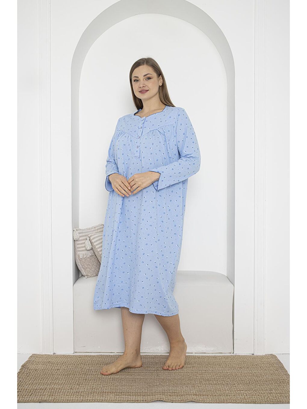Mavi Uzun Kol Düğmeli Yaka %100 Pamuklu Penye Büyük Beden Anne Geceliği 933-2