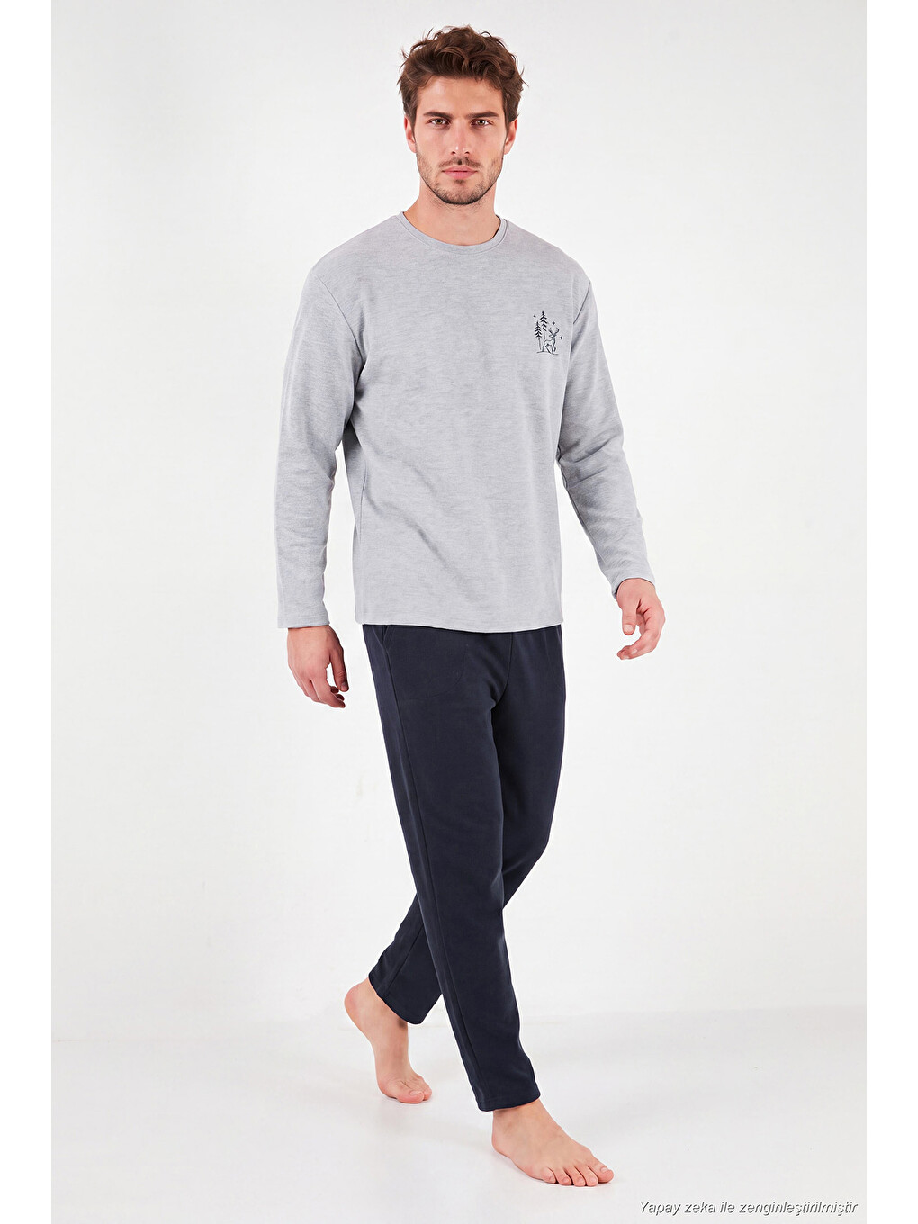 Gri Ultra Soft Minimal Nakışlı Uzun Kollu Pijama Takımı 6575009-1