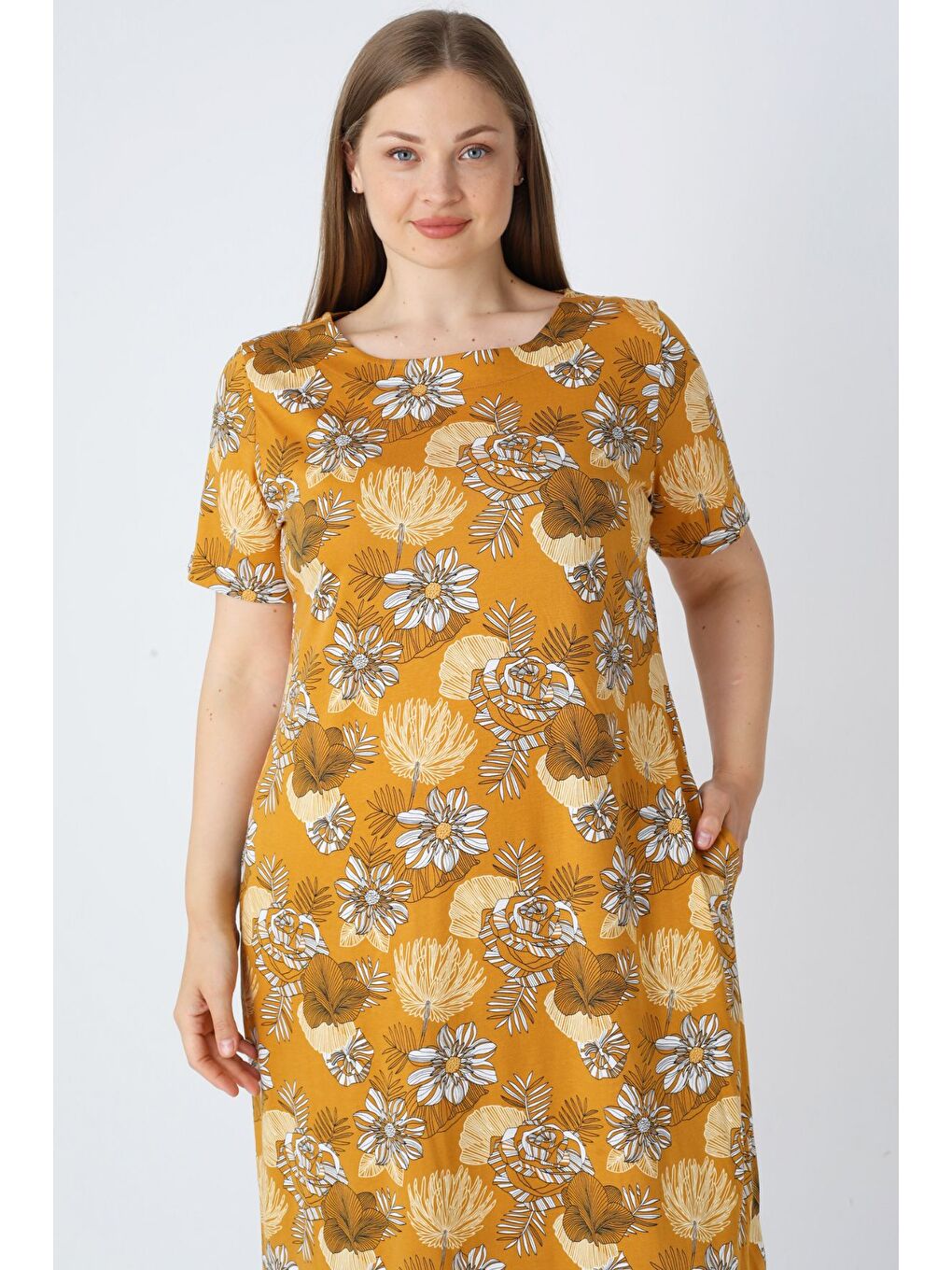 Turuncu Desenli Pamuklu Kadın Büyük Beden Kısa Kollu Cepli Elbise-2