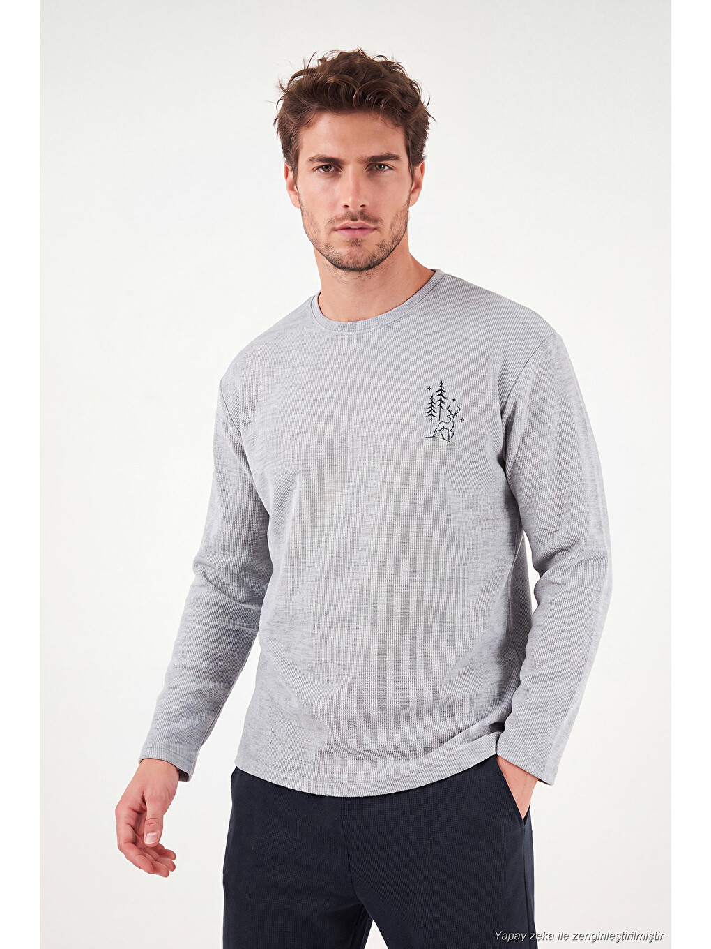 Gri Ultra Soft Minimal Nakışlı Uzun Kollu Pijama Takımı 6575009-2