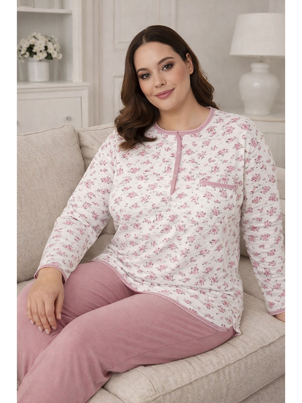 Büyük Beden Kadın Uzun Kol Kroşetalı Patlı Pamuklu Pijama Takımı 4030 Beyaz13-3