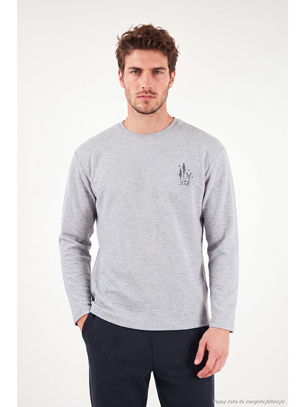 Gri Ultra Soft Minimal Nakışlı Uzun Kollu Pijama Takımı 6575009-3