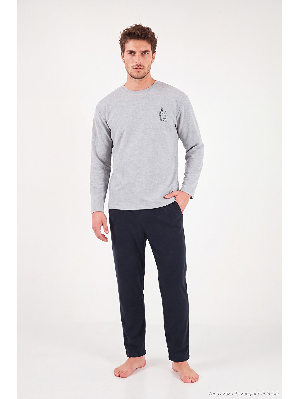 Gri Ultra Soft Minimal Nakışlı Uzun Kollu Pijama Takımı 6575009-4