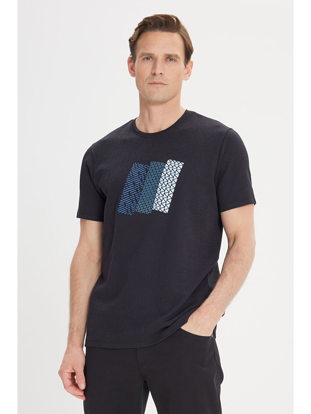 Erkek Siyah Slim Fit Dar Kesim Pamuklu Baskılı Bisiklet Yaka Tişört