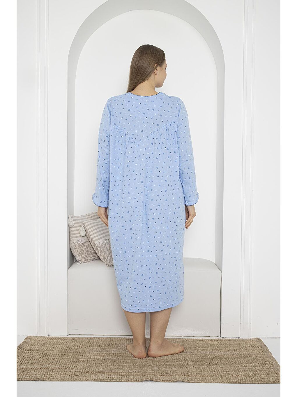 Mavi Uzun Kol Düğmeli Yaka %100 Pamuklu Penye Büyük Beden Anne Geceliği 933-3