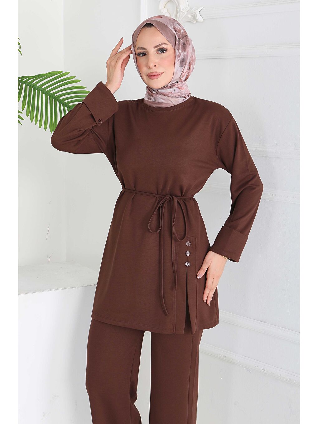 Kahverengi Düğme Detaylı Modal İkili Takım Kahve - 28013-KAHVE-1