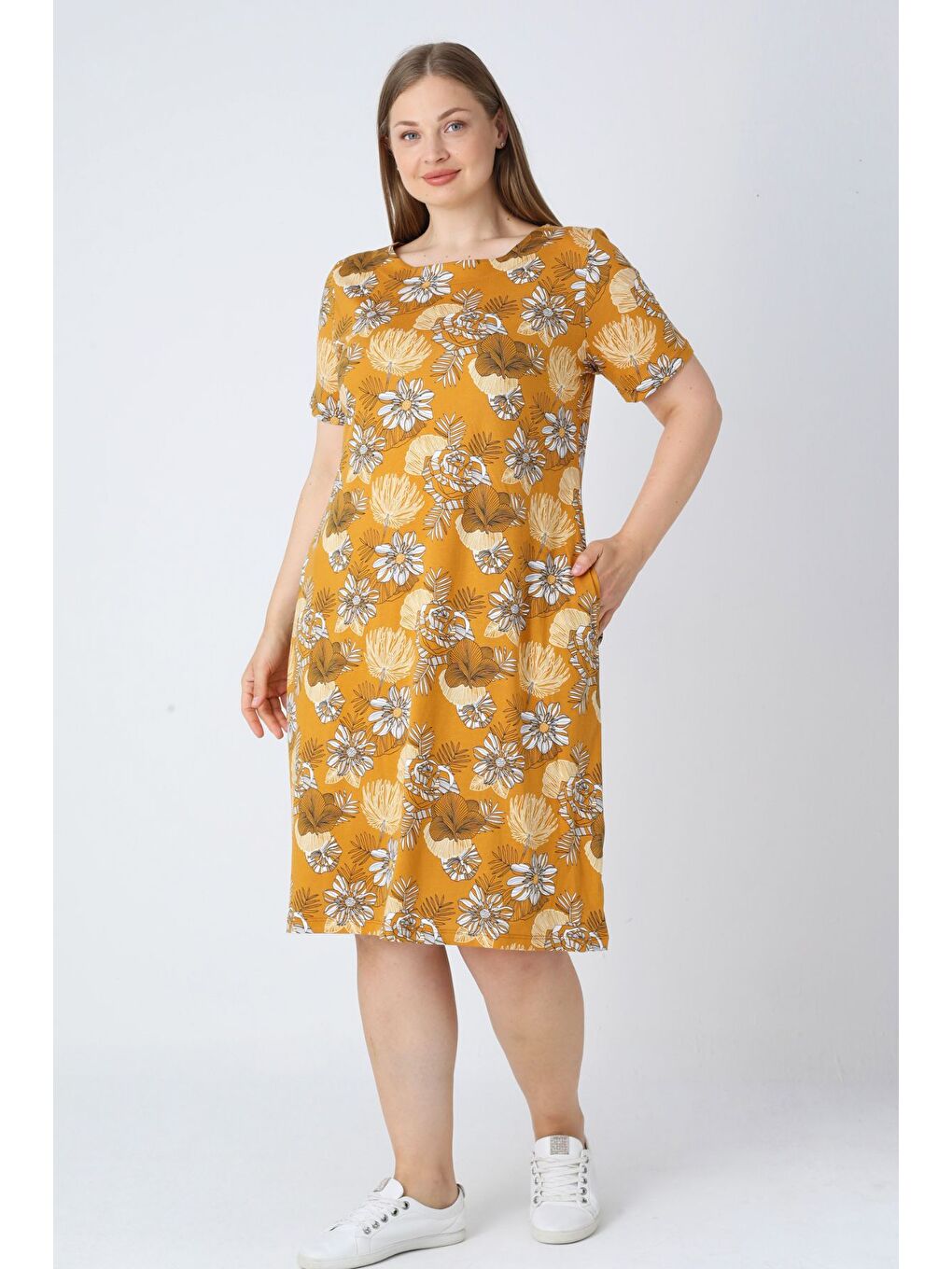 Turuncu Desenli Pamuklu Kadın Büyük Beden Kısa Kollu Cepli Elbise-4