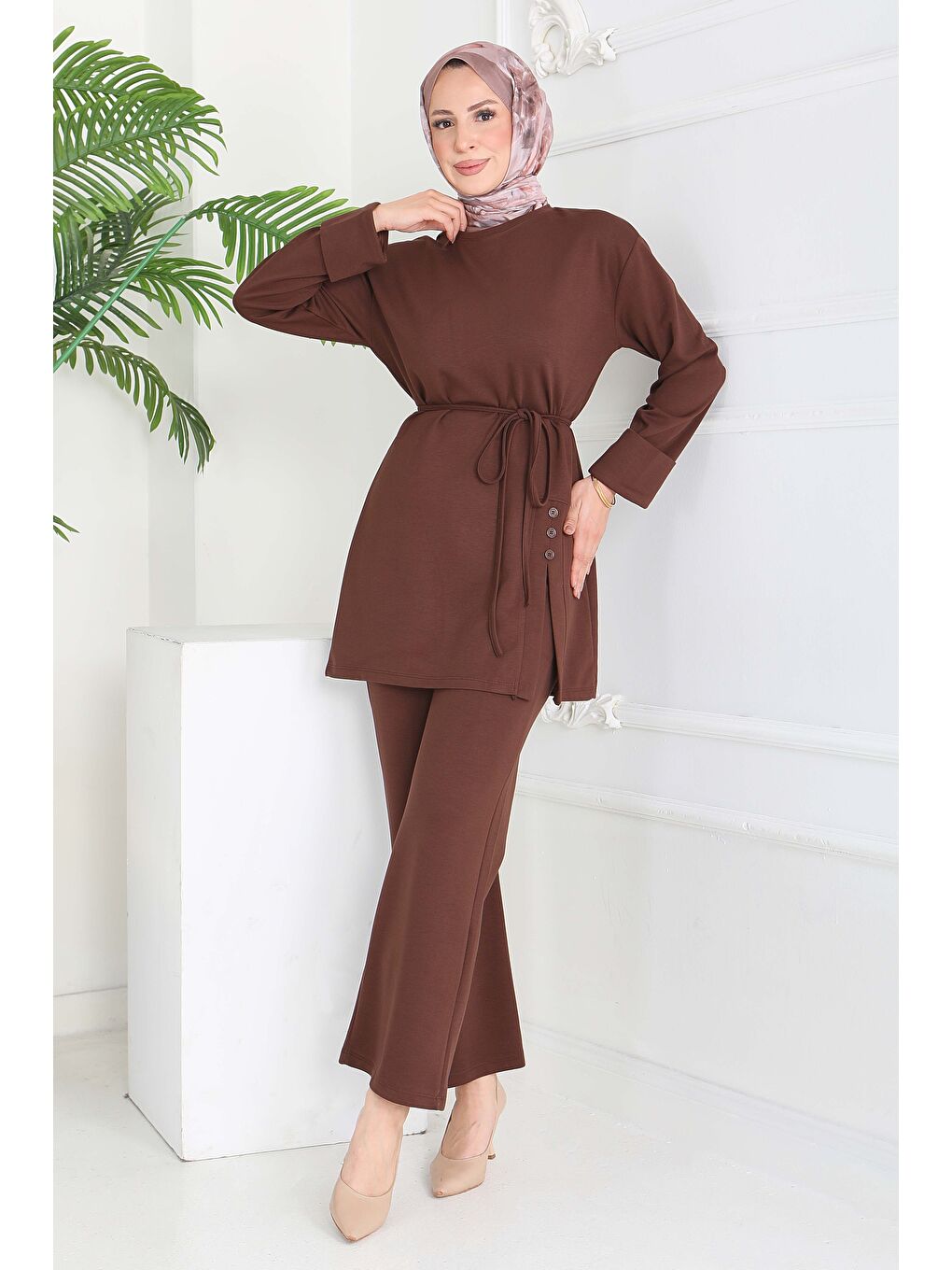 Kahverengi Düğme Detaylı Modal İkili Takım Kahve - 28013-KAHVE-2