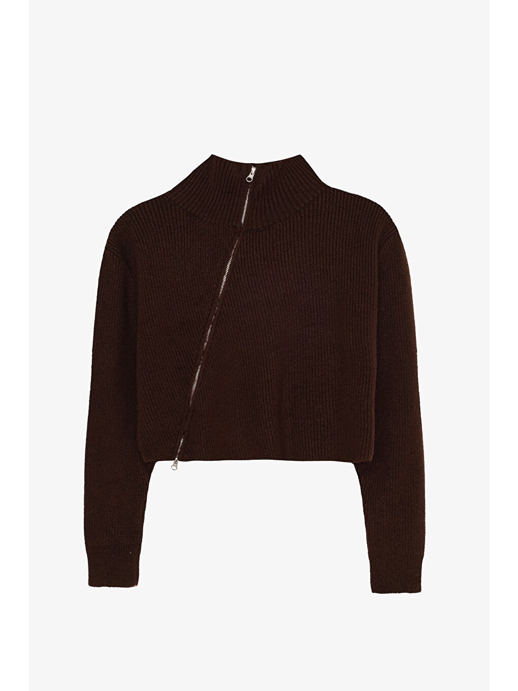 Asimetrik Fermuarlı Triko Kazak Kahverengi