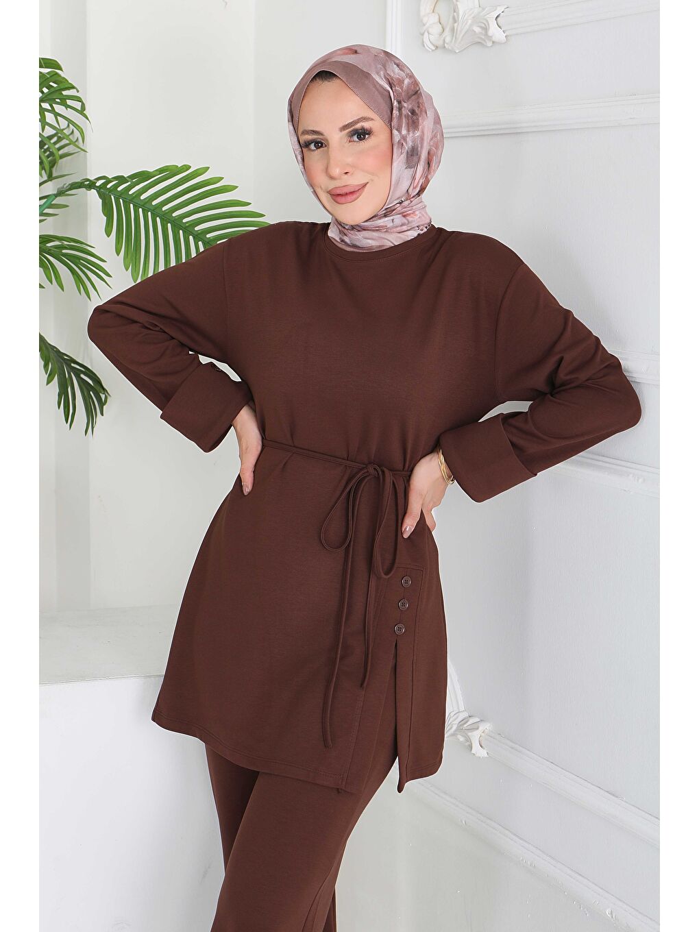 Kahverengi Düğme Detaylı Modal İkili Takım Kahve - 28013-KAHVE-3