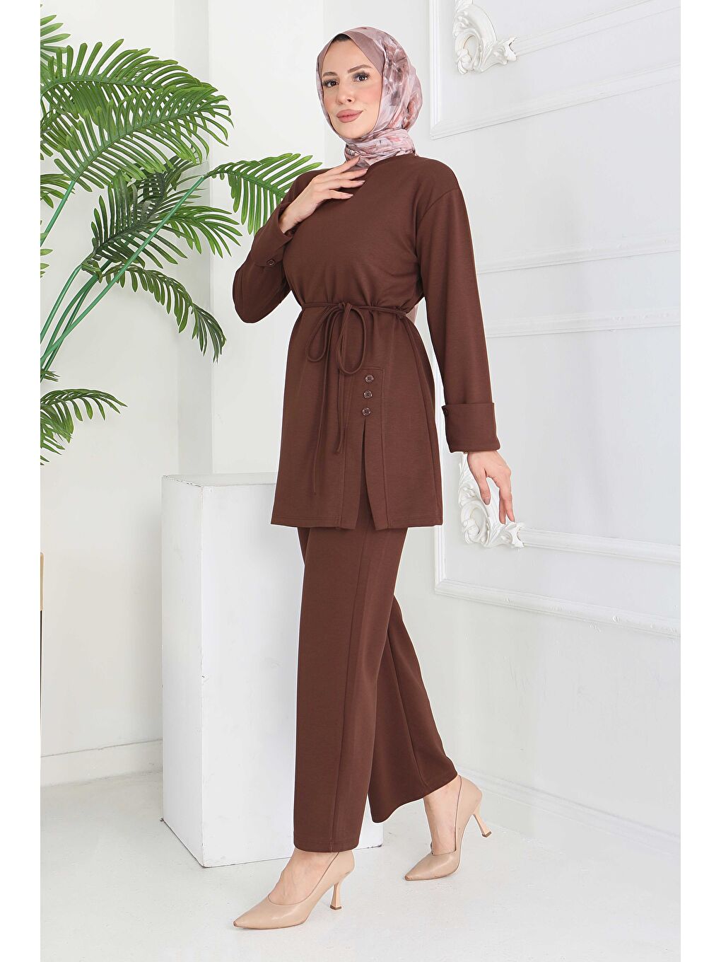 Kahverengi Düğme Detaylı Modal İkili Takım Kahve - 28013-KAHVE-4