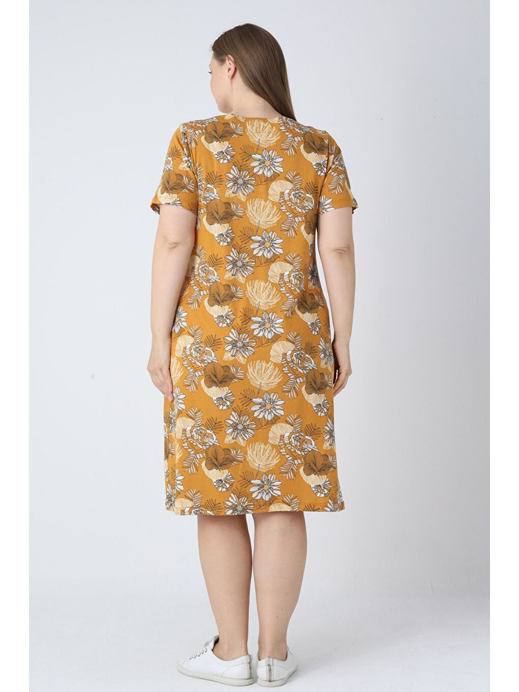 Turuncu Desenli Pamuklu Kadın Büyük Beden Kısa Kollu Cepli Elbise-5
