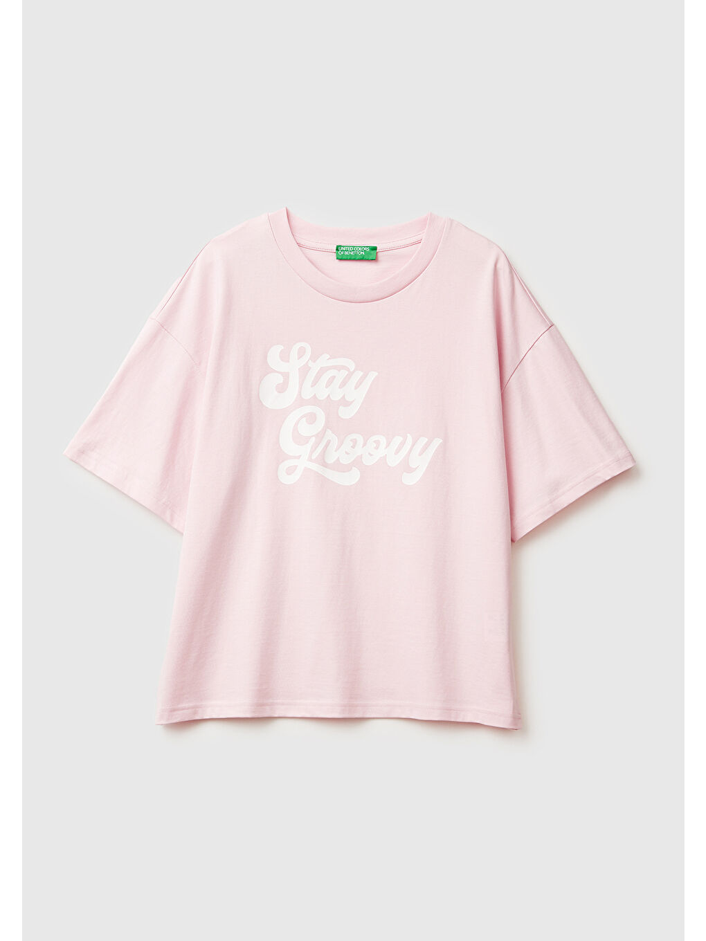 Kadın Açık Pembe %100 Pamuk Önü Yazı Baskılı Bisiklet Yaka T-Shirt-1