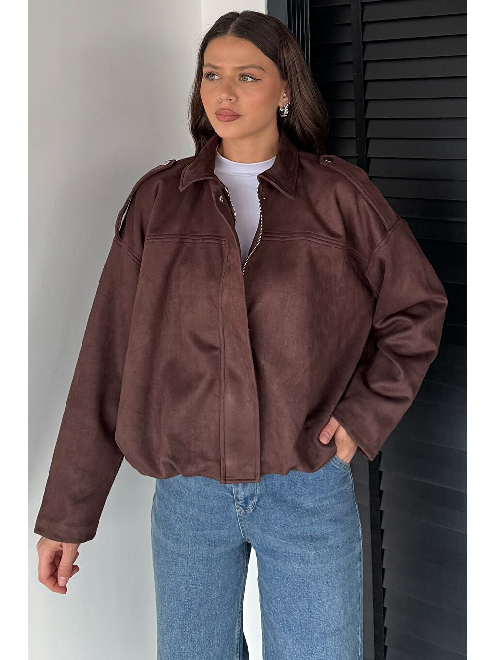 Kahverengi Kadın Bel Büzgülü Fermuarlı Ve Çıtçıtlı Süet Ceket