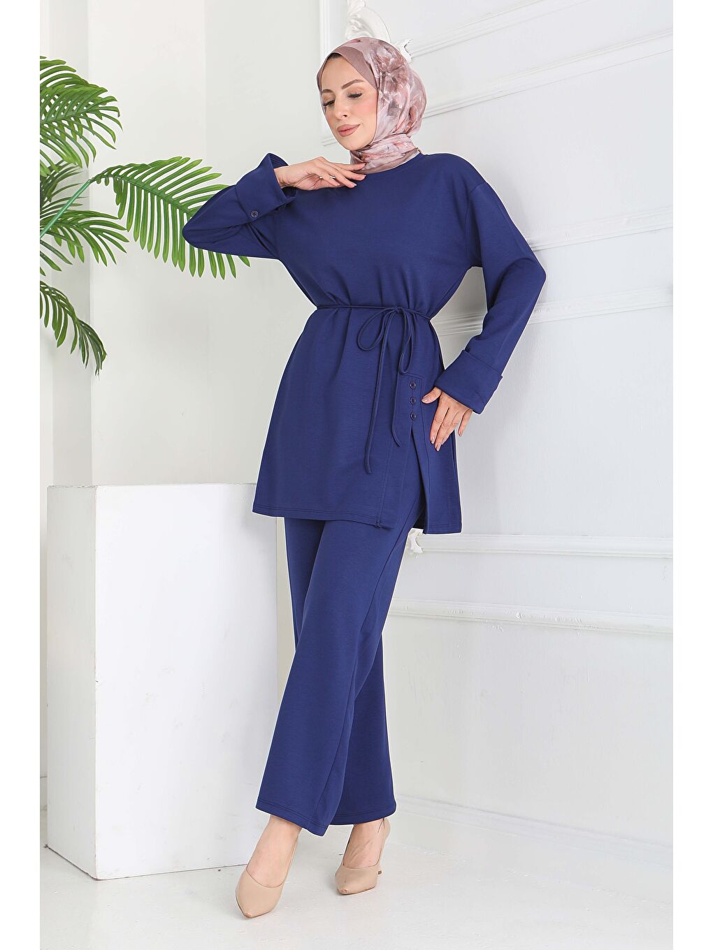 Düğme Detaylı Modal İkili Takım Lacivert - 28013-LACIVERT