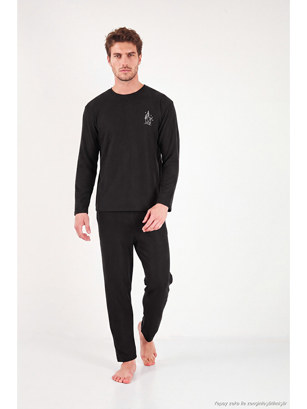Siyah Ultra Soft Minimal Nakışlı Uzun Kollu Pijama Takımı 6575009-1
