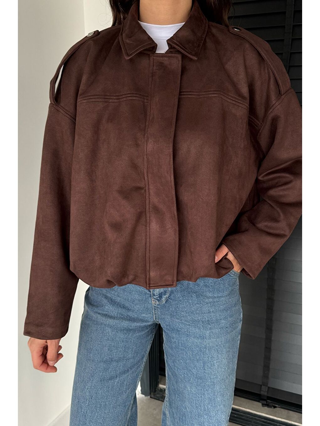 Kahverengi Kadın Bel Büzgülü Fermuarlı Ve Çıtçıtlı Süet Ceket-1