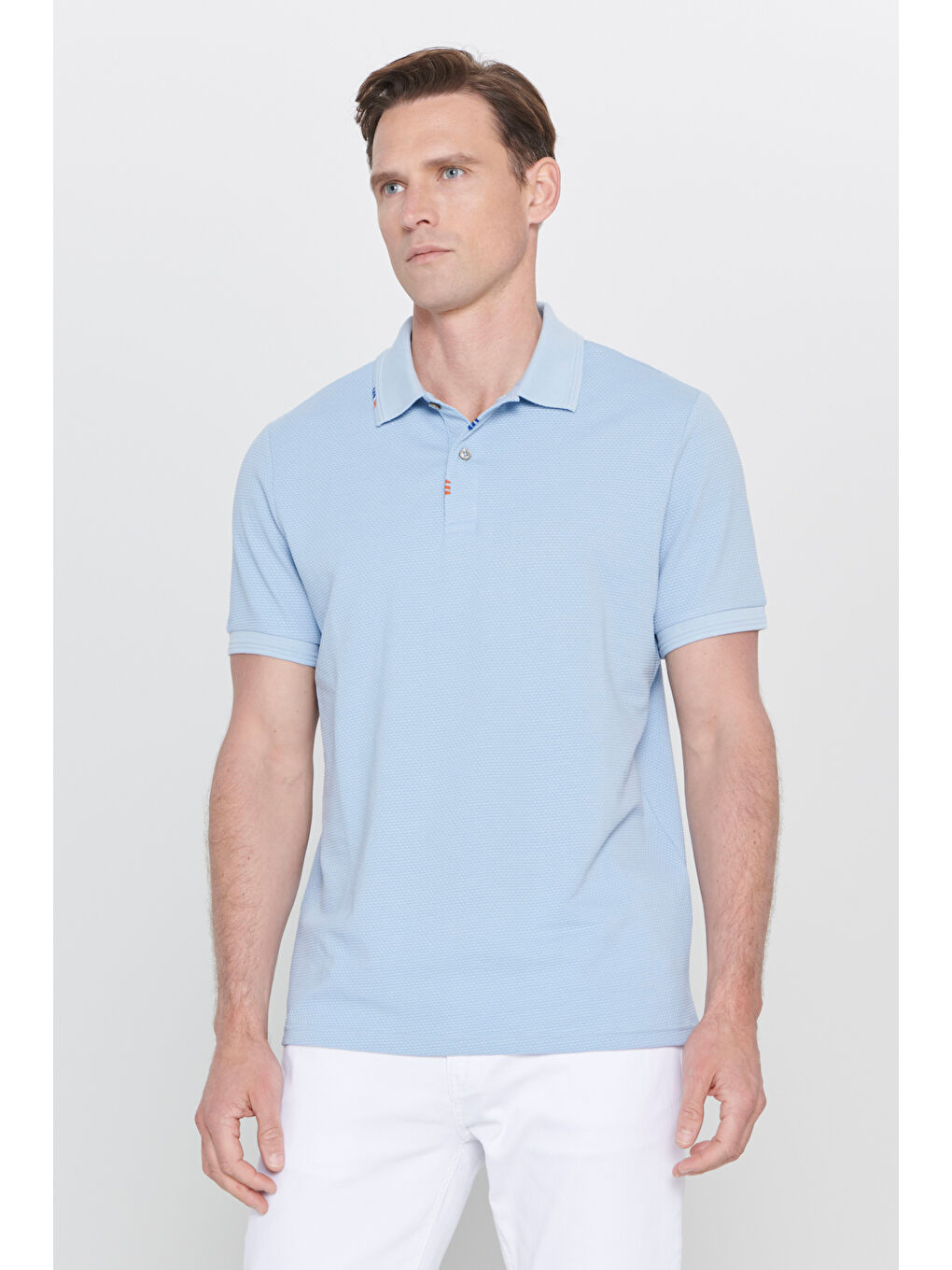 Erkek Açık Mavi Slim Fit Dar Kesim Polo Yaka Baskılı Pamuklu Tişört