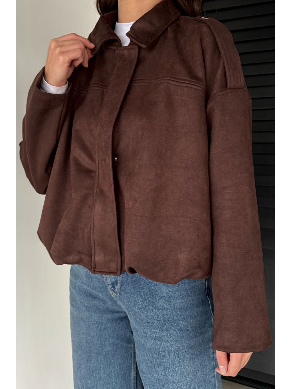 Kahverengi Kadın Bel Büzgülü Fermuarlı Ve Çıtçıtlı Süet Ceket-2