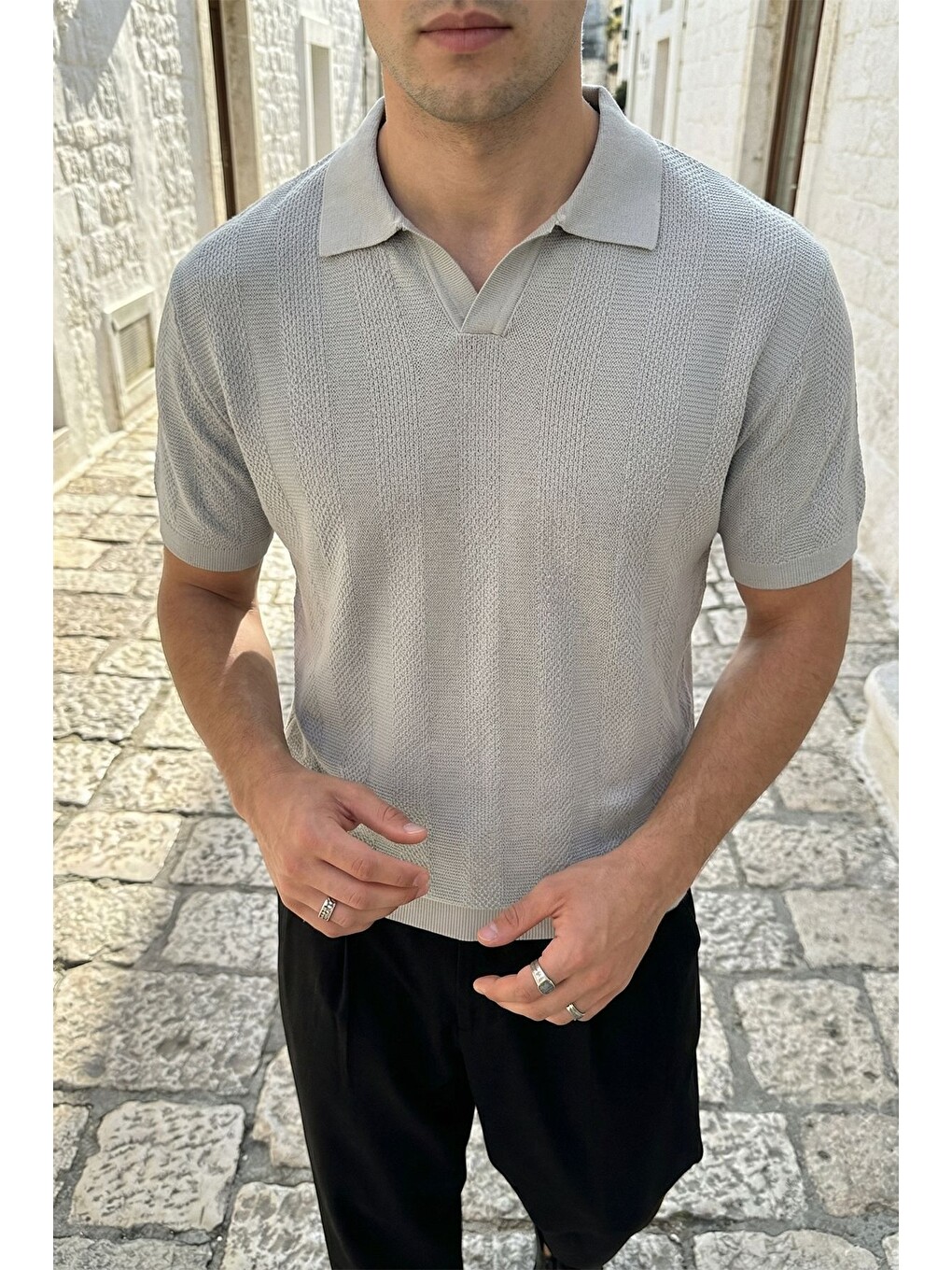Gri Chapa Regular Fit Polo Yaka Erkek Kısa Kol Dokulu Triko Tişört