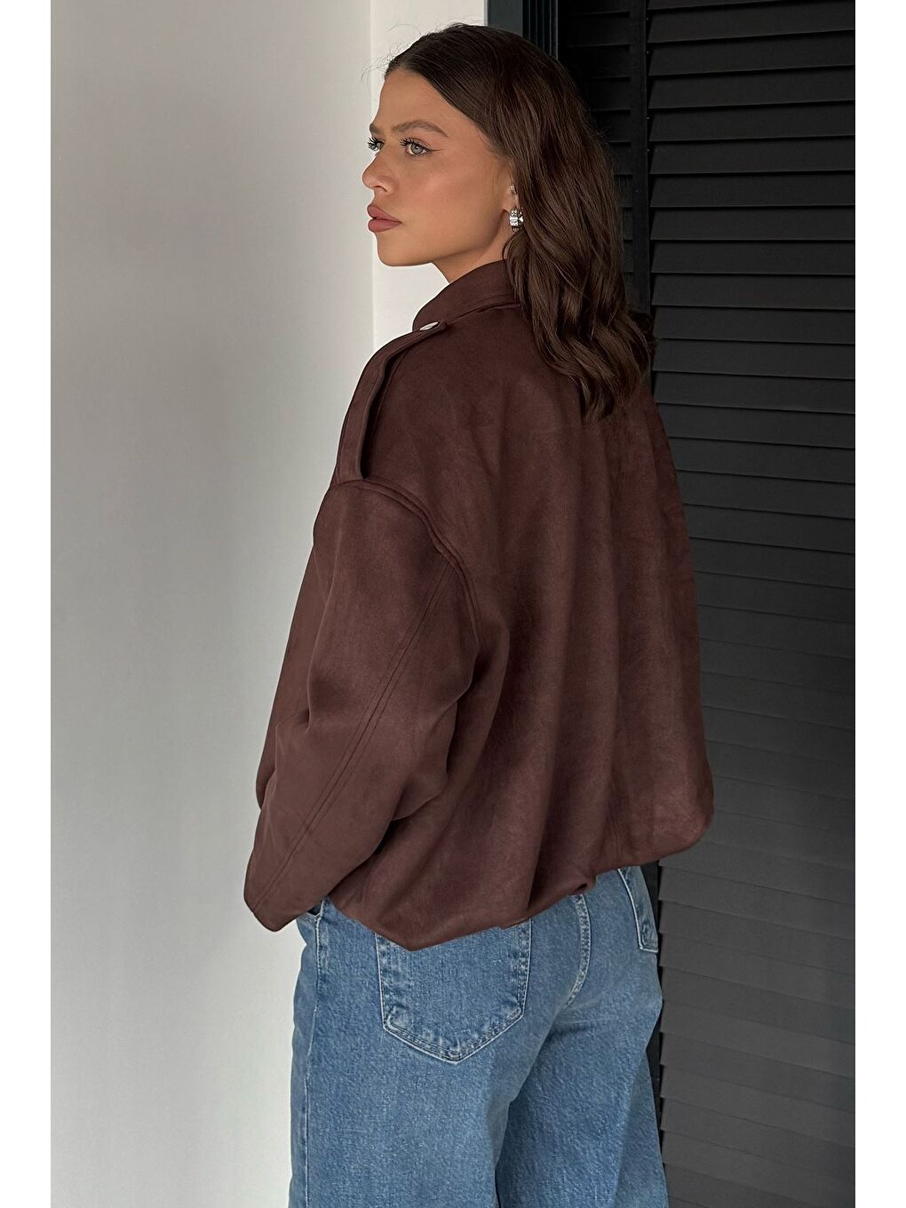 Kahverengi Kadın Bel Büzgülü Fermuarlı Ve Çıtçıtlı Süet Ceket-3