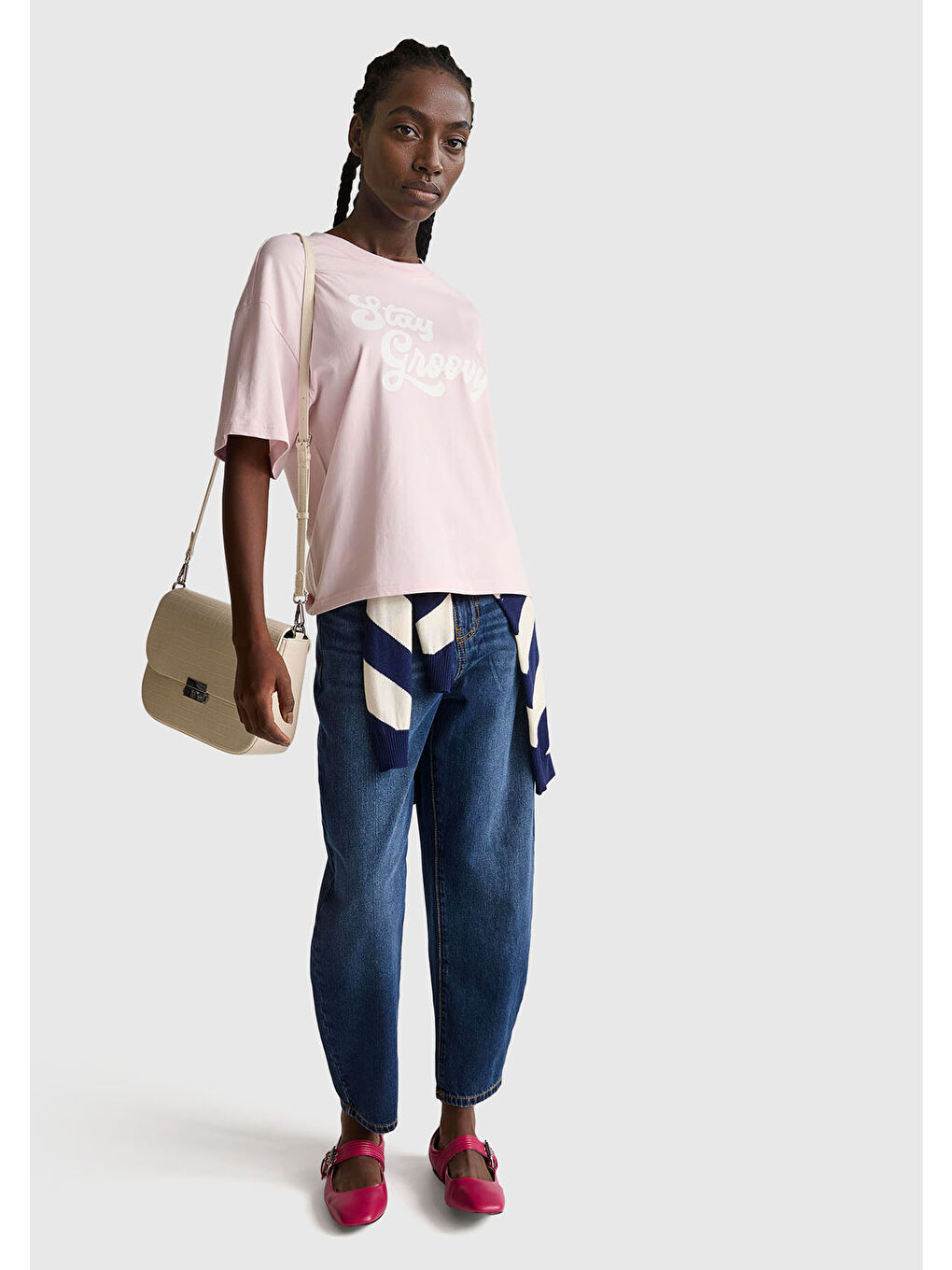 Kadın Açık Pembe %100 Pamuk Önü Yazı Baskılı Bisiklet Yaka T-Shirt-4