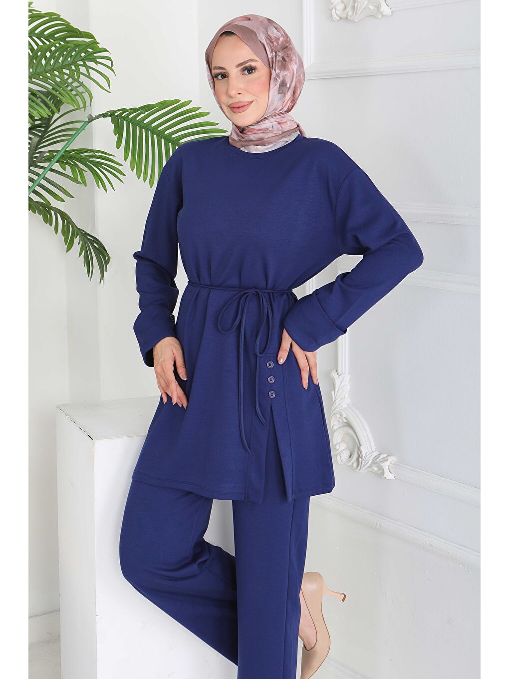 Düğme Detaylı Modal İkili Takım Lacivert - 28013-LACIVERT-1