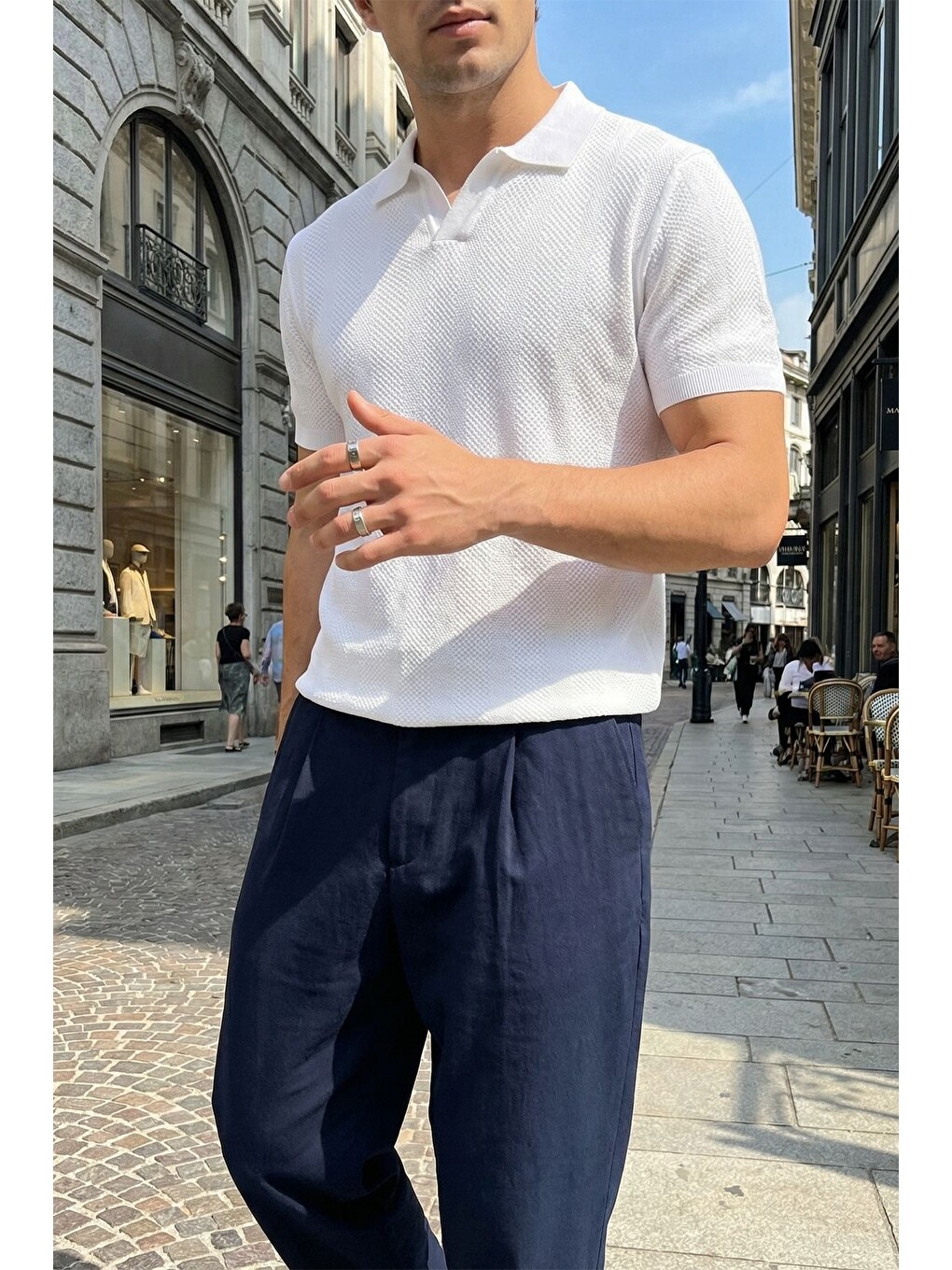 Beyaz Chapa Regular Fit Polo Yaka Erkek Kısa Kol Dokulu Triko Tişört-3