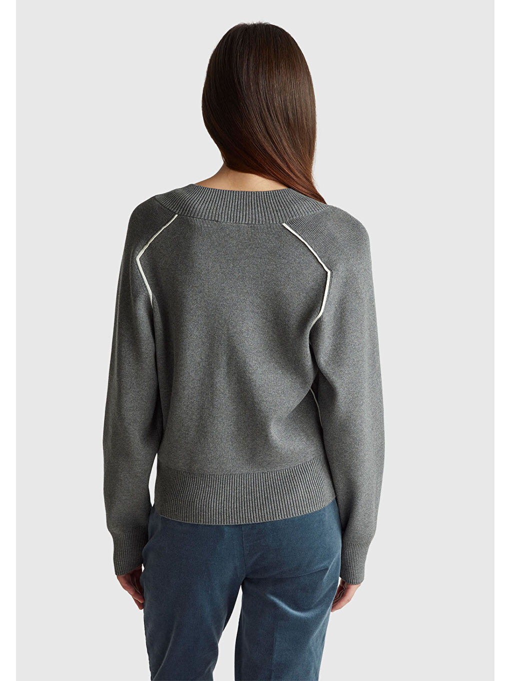 Gri Kadın Antrasit Melanj Viskoz Karışımlı Ribana Detaylı V Yaka Kazak-2