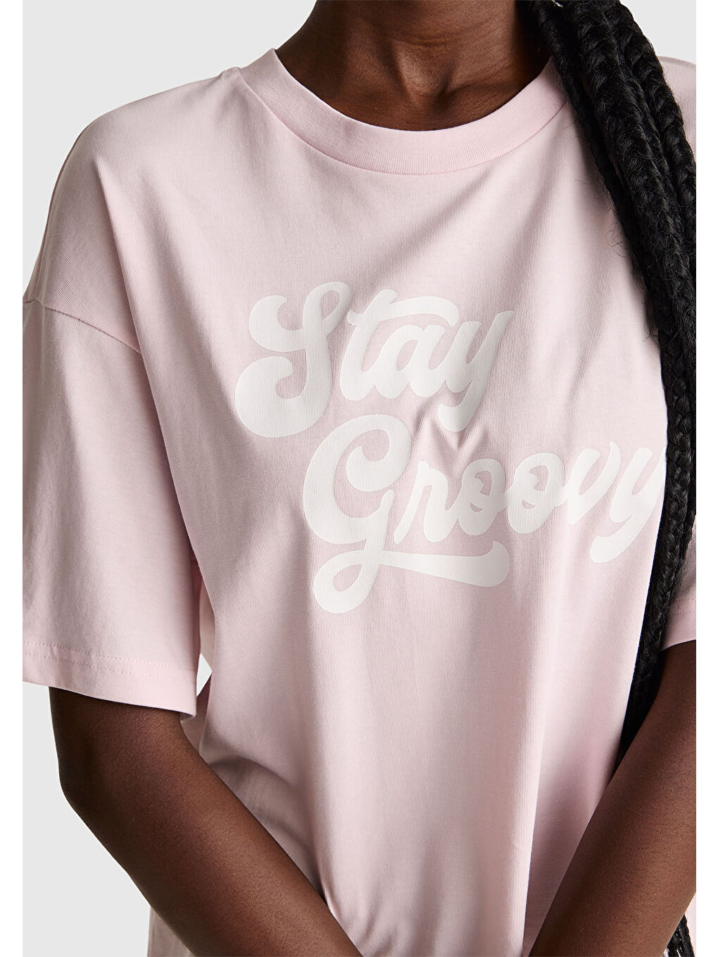 Kadın Açık Pembe %100 Pamuk Önü Yazı Baskılı Bisiklet Yaka T-Shirt-5