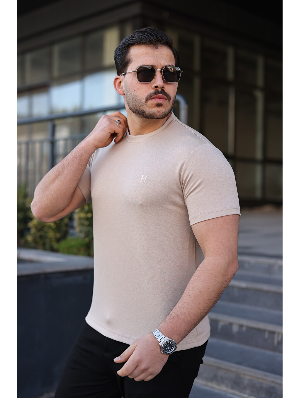 Bej 3 Adet Erkek Yazlık Baskılı Slim Fit Kısa Kollu Tişört-5