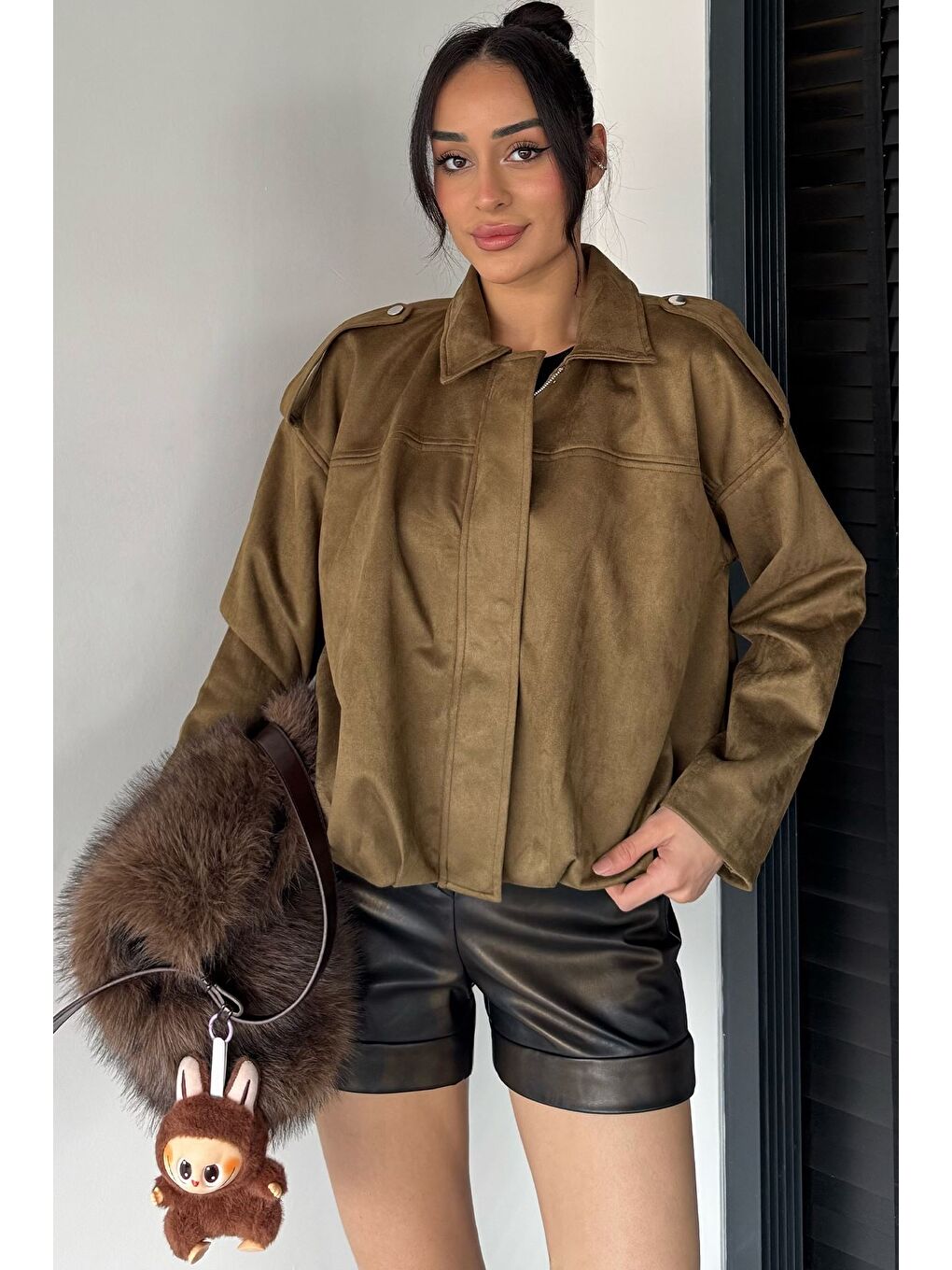 Haki Kadın Bel Büzgülü Fermuarlı Ve Çıtçıtlı Süet Ceket