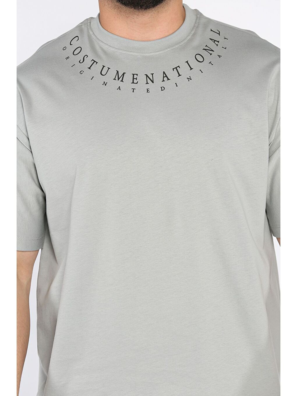 Gri Erkek Yaka Baskılı Oversize Tişört-3